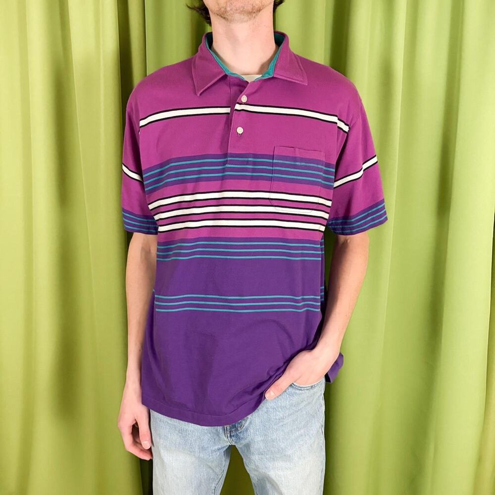 80s Vintage Purple and Blue Horizontal Striped Polo Shirt